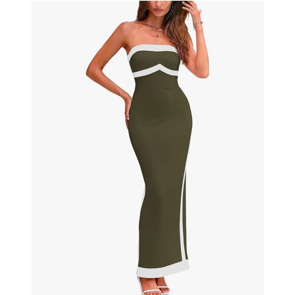 PRETTYGARDEN Dresses & Skirts - NEW Olive Green Bodycon Strapless Slit Cocktail Party Tube Maxi Dress S